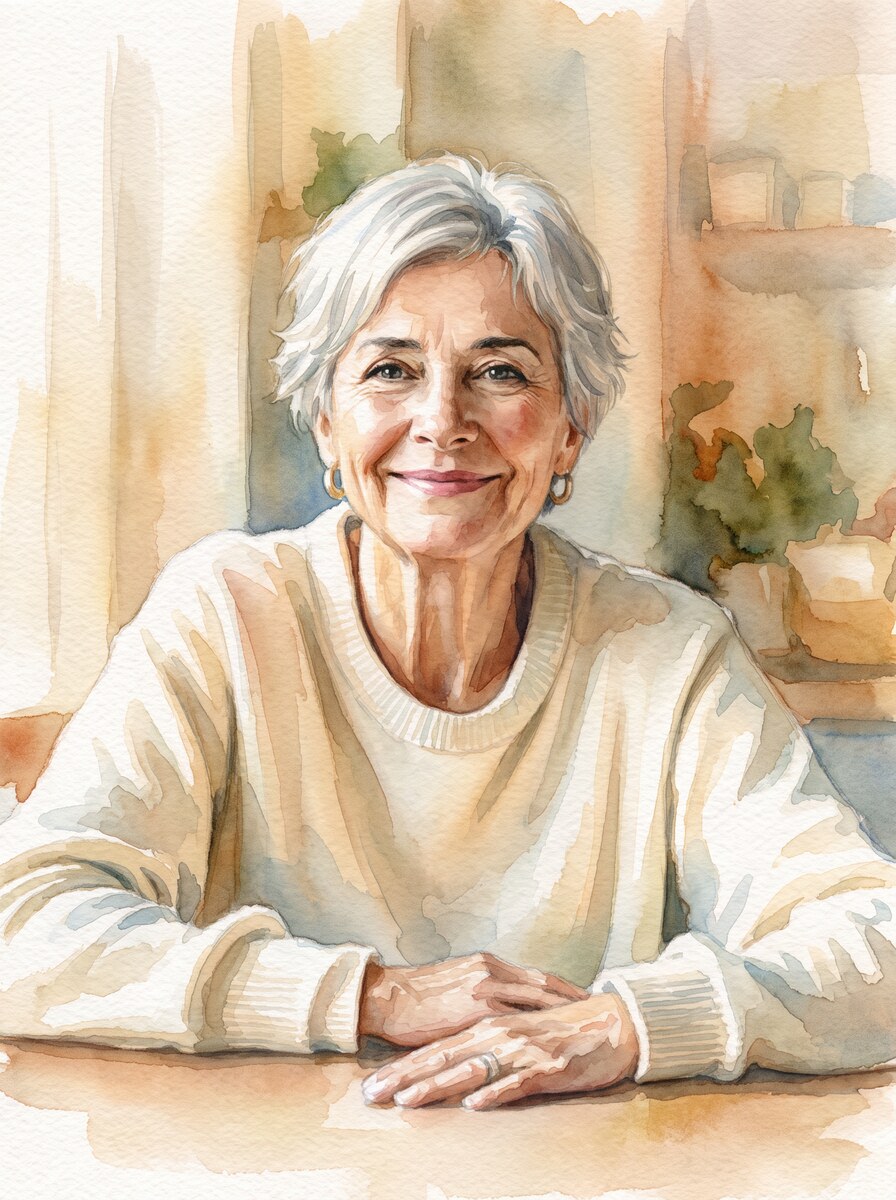 Aquarel-portret gemaakt van de foto hiernaast — vrouw ~58 · pensioen