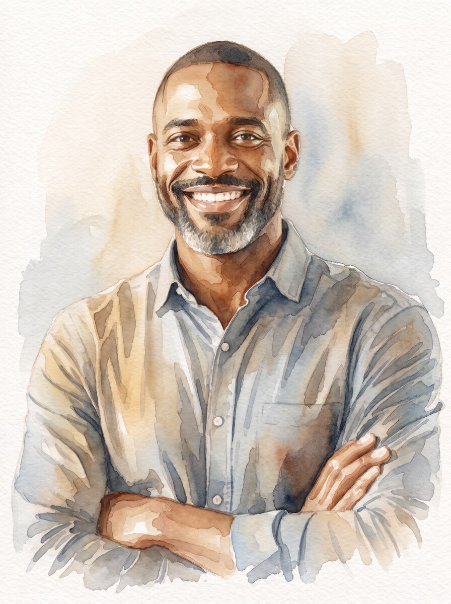 Aquarel-portret gemaakt van de foto hiernaast — man ~48 · 25-jarig jubileum