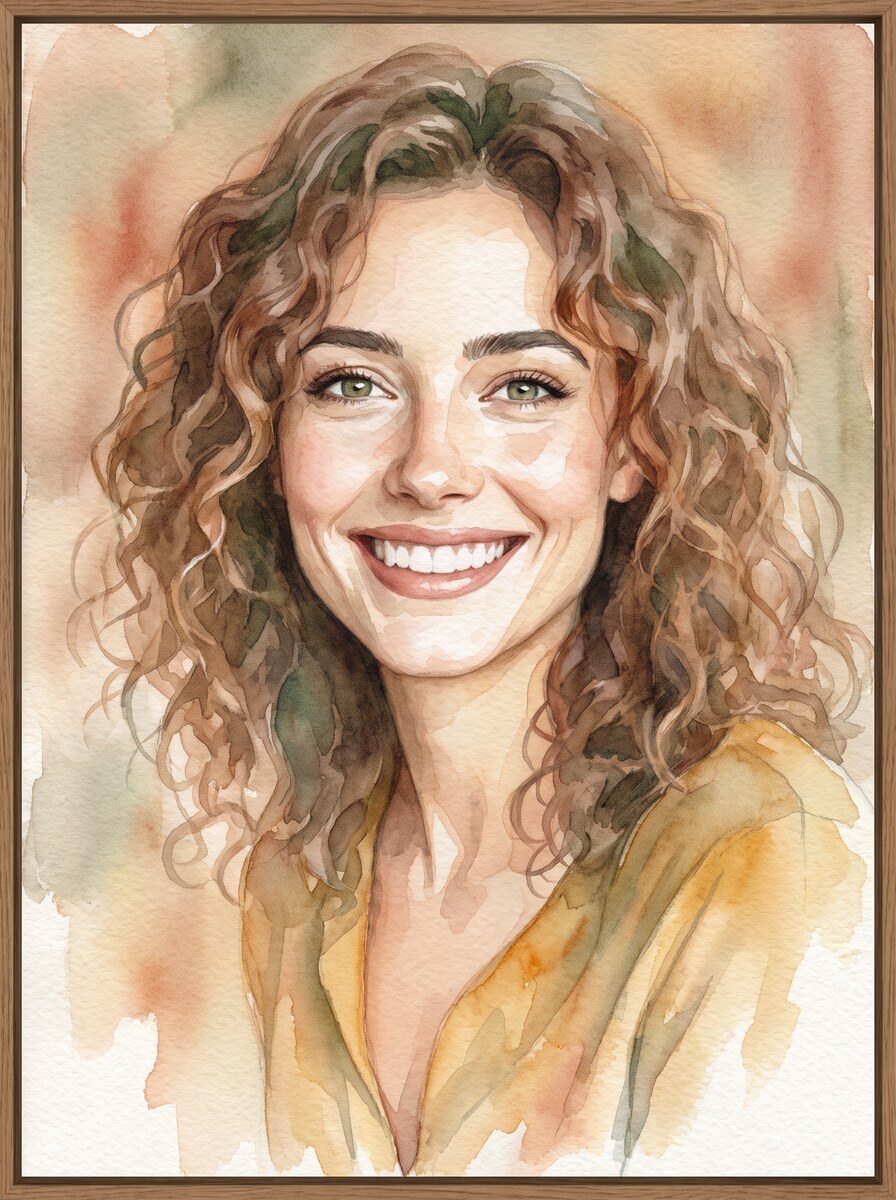 Aquarel-portret gemaakt van de foto hiernaast — vrouw ~37 · afscheid