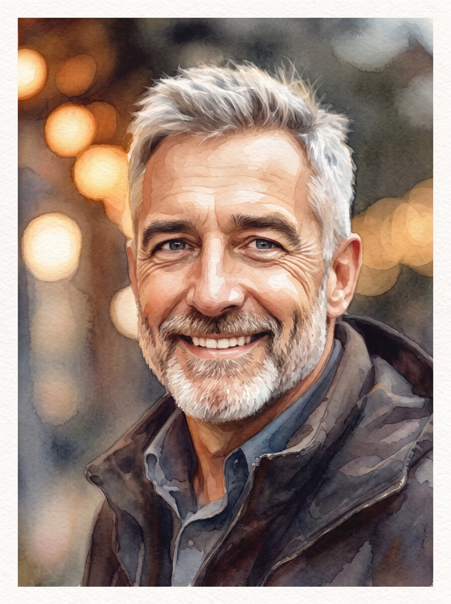 Aquarel-portret gemaakt van de foto hiernaast — man ~47 · afscheid/jubileum