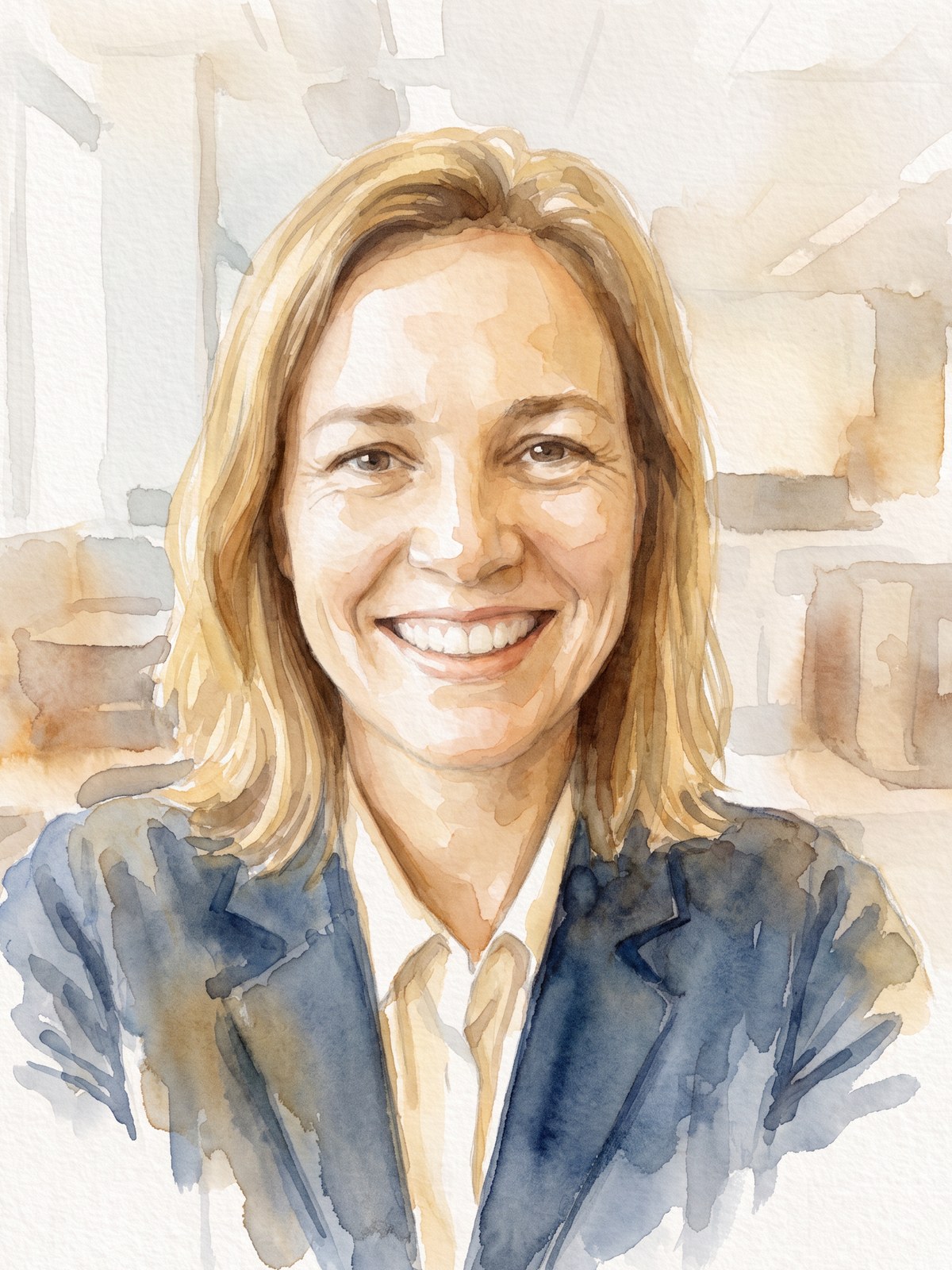 Aquarelportret van Sanne, gemaakt van de foto ernaast
