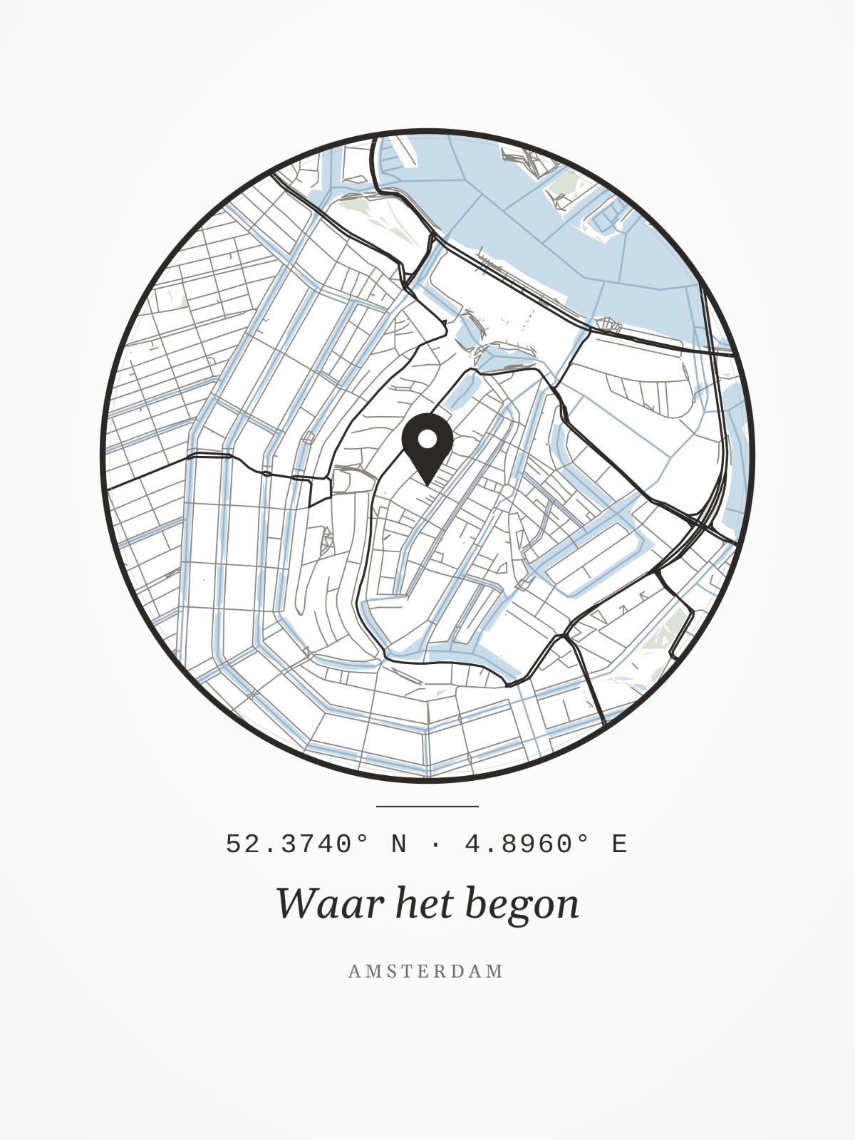 Stadskaart-poster van Amsterdam, zwart-wit met een ronde kaartuitsnede